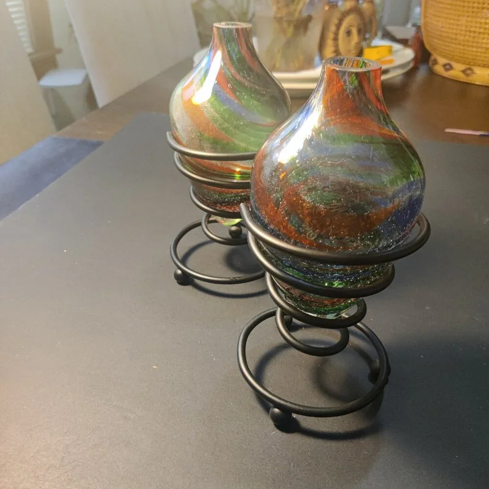 Hurricane Lamps, Art Glass Blown Vases and a Wrought Iron Metal Holder.Two Wicks